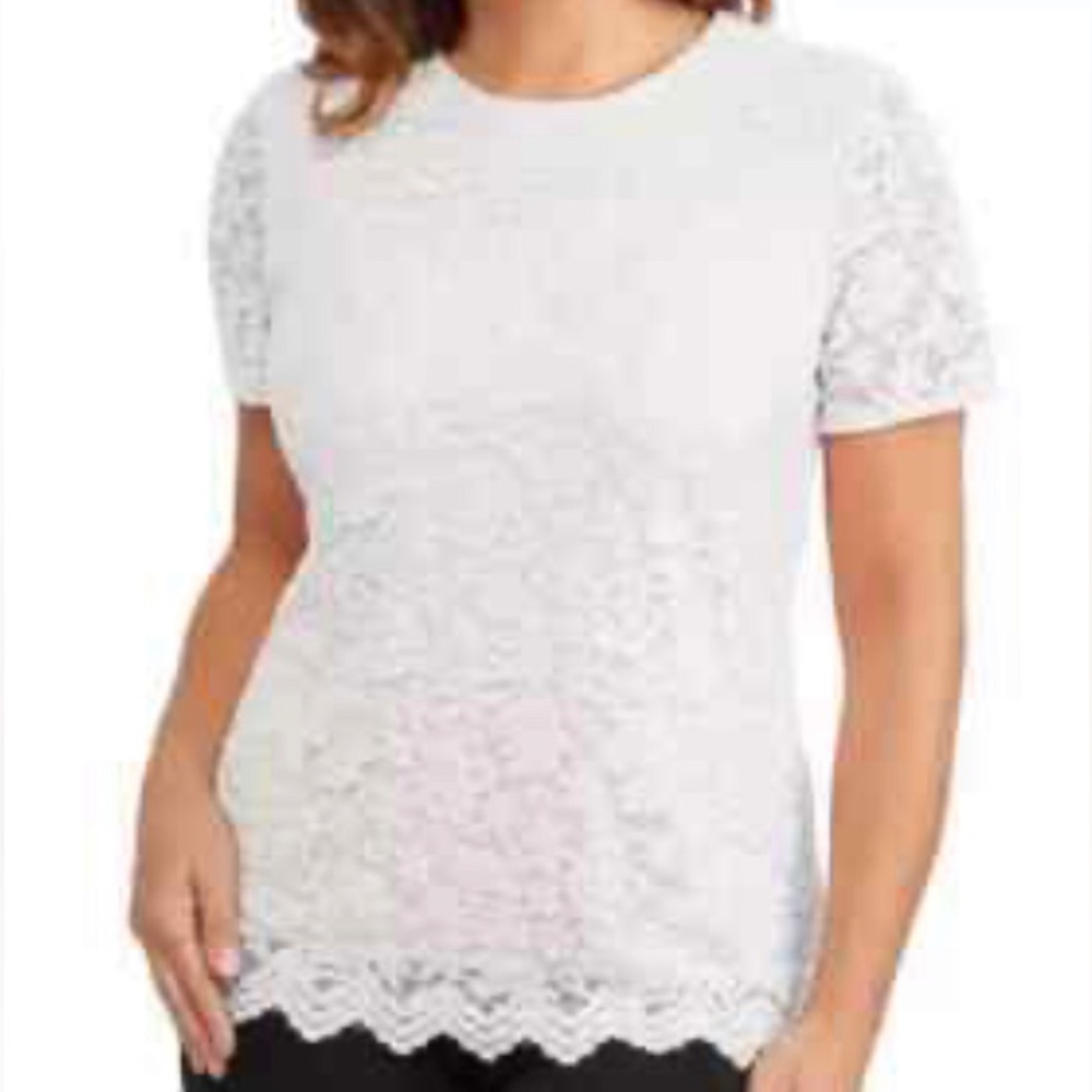 Lace Short-Sleeve Crewneck Top in White